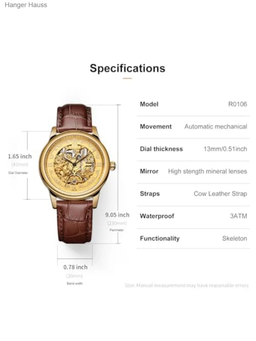 Luxury Gold Skeleton Dial Automatic Mechanical Watch for Men, Self-Winding